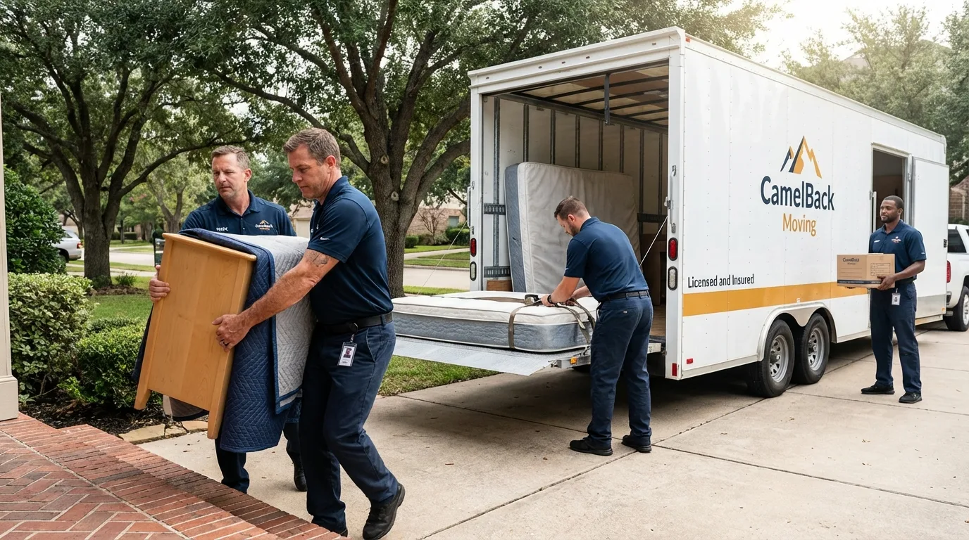 Crew loading residential truck for cross-state move from Cambridge, MN