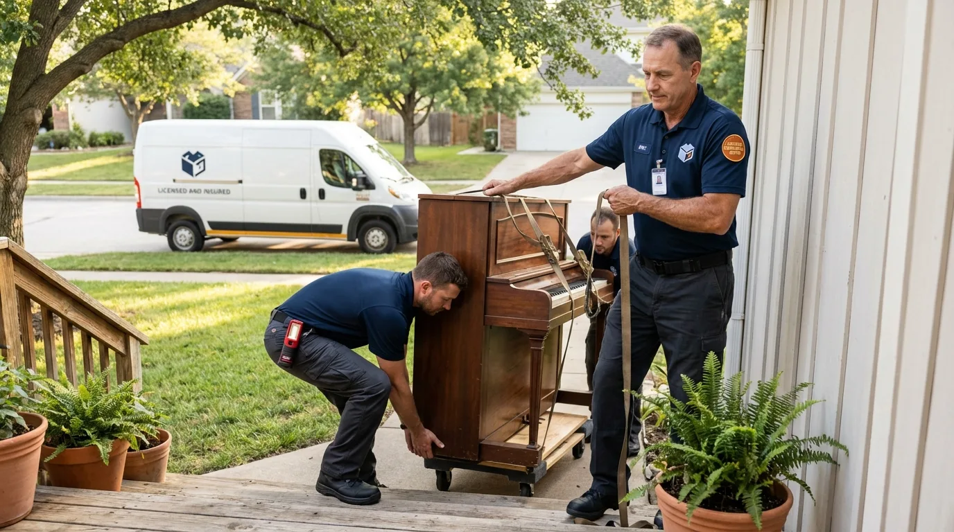 Licensed piano movers securing grand piano in Cambridge, MN