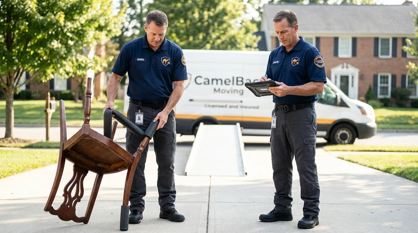 Movers inspecting furniture for damage prevention before loading in Cambridge, MN