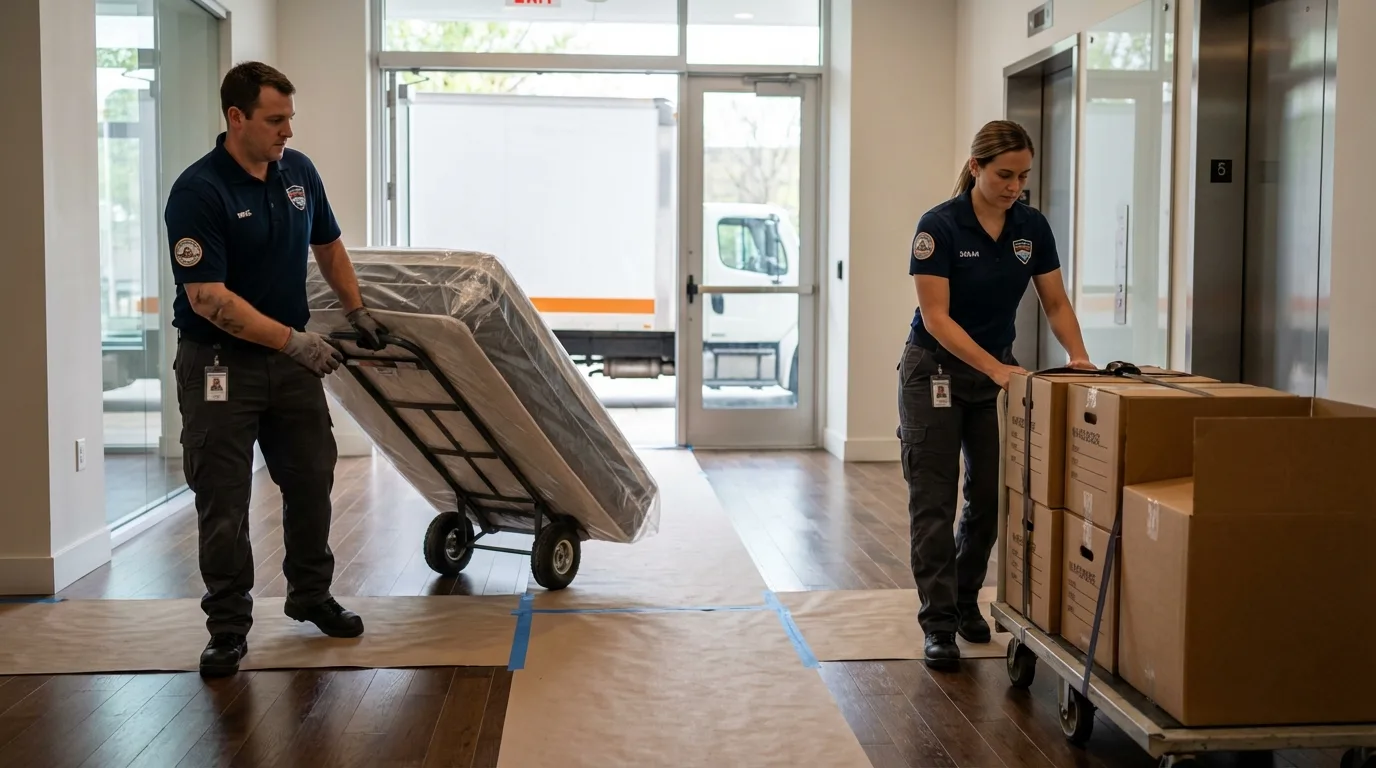 Professional apartment movers loading elevator in Cambridge, MN